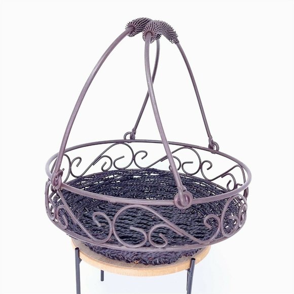 Basket Tote Planter Centerpiece Metal Wicker Double Folding Handle Vintage Decor - Picture 1 of 9